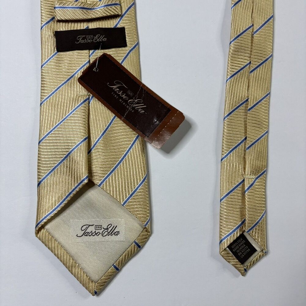 Tasso Elba Men's Business Neck Tie Yellow Blue Stripes Repp 100% Silk - Picture 6 of 8